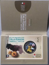ITALIA 2021 MONETA COINCARD FDC 5 EURO EMILIA ROMAGNA LAMBRUSCO TORTELLINI IPZS