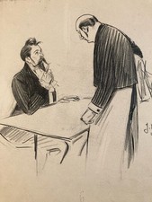 Disegno Matita Carta XIX Caffè Birreria Server BAR Arte 1900 Jacques Wely