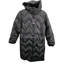 Giacca nera bambina threadbare by next sbuffata con cappuccio cappotto lungo 5-6 anni nuova