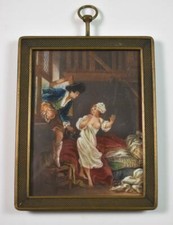 Antico quadro in miniatura dipinto a mano scena uomo e donna 