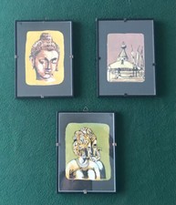 LOTTO 3 QUADRETTI SU STOFFA ARTE ORIENTALE INDIA BUDDHA