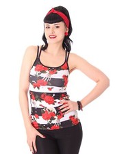 Tatuaggio a strisce Liquor Brand Skull & Roses Rockabilly porta spaghetti top