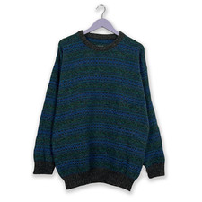 Maglione Vintage 70% lana blu e verde a girocollo - Taglia L/XL uomo