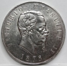 ITALIA 5 lire 1878 Roma XF+ Corona Corona Corona Argento Aquila Re Vittorio Emanuele #F29