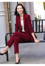 Tailleur completo donna ufficio giacca pantaloni maniche slim rosso scuro 46 48