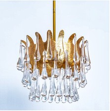 Lampada a sospensione originale 1970 PALWA PalmeWalter oro ghiacciato goccia cristallo vetro