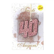 Biglietto d'auguri augurale compleanno 40 anni- con ciondolo in legno 40 rosa