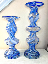 WEST ELM Blue Swirl Handblown Glass Candle Holders (or vases)