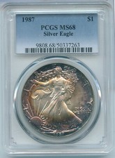 1987 American Eagle 1 Oncia Argento Dollaro PCGS MS68 Certificato Sfumatura Toni