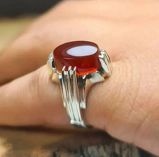 Anello Aqeeq Uomo Argento Sterling 925 Agata Marrone Naturale Bellissimo Anello Agata