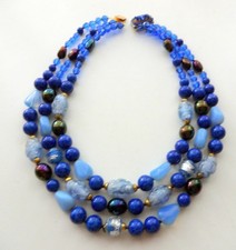 Antique Signed GM Bohemian Venetian Blue & Foil Carved Glass Bead Necklace Rare