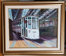 Dipinto olio " Vecchio deposito di tram a Milano "