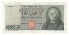 5000 LIRE COLOMBO I°  TIPO DECR 04 / 01 / 1968 CARTA BIANCA  R3