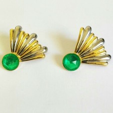 Orecchini ventaglio lobo gemma verde smeraldo bigiotteria Vintage oro argento