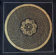 OM MANI PADME HUM MANTRA MANDALA NERO E ORO DIPINTO ORIGINALE TIBETANO THANGKA