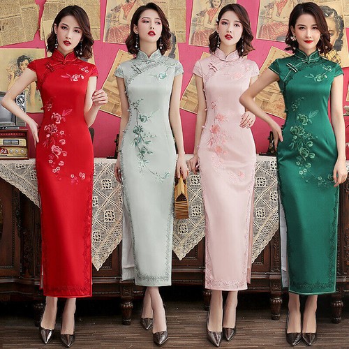 Abito lungo ricamato cheongsam - abito,