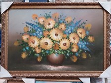 QUADRO frutta - fiori - DIPINTO A MANO - OLIO SU su tela - cornice oro 68X98 cm