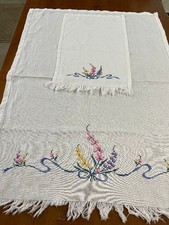 SET  ASCIUGAMANI VINTAGE (VISO+OSPITE) LINO BIANCO RICAMO A MANO A PUNTO CROCE