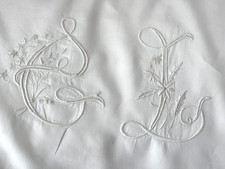 Antico lenzuolo trousseau francese in LINO del 1900 finto GRANDE MONOGRAMMA pizzo 108X32