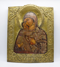 Icona russa antica Madre di Dio Vladimirskaja riza bronzo ikone icon XIX secolo