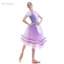 Girls Puff Sleeve Purple Ballet Dance Tutu Romantic Style Dress Stage Costume