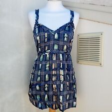 Canotta top pura seta blu fantasia etnica S XS UK10 cobalto elettrico