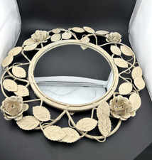 Specchio da parete rotondo vintage metallo fiore tole bianco ornato francese shabby chic 15"