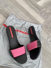 Prada rosa e nero pelle e tela stampa frontale donna slide mules 39 UK 6