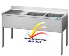 Lavello cm 140x70x85  in Acciaio Inox Lavatoio 2 Vasche + Gocciolatoio Gastro