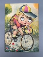 CARTOLINA VINTAGE GALBI ANNI 60 BAMBINO IN BICICLETTA CON OCCHI MOBILI VIAGGIATA
