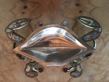 Ciotola granchio metallo misto conchiglia Abalone metà secolo messicana moderna 10" firmata
