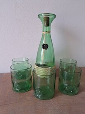 Set Vintage Caraffa Vetro Vino Sfuso Bicchieri Verde Empoli (?) Decanter 1971