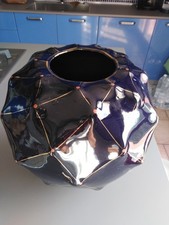 Vaso cachepot blu ceramica con decoro a rete oro zecchino e pois rossi vintage