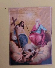 RARISSIMO SANTINO ANTICO CROMOLITO INIZI 1800 LA SANTISSIMA TRINITÀ 