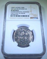 Moneta antica NGC XF Azzorre 300 Reis contromarchio 1721 argento spagnolo 2 reales