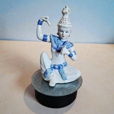 Statuina porcellana ballerina tempio siamese thailandese 8" dipinta a mano oro bianco blu