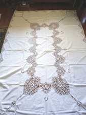 Tovaglia Da 12 In Lino Con Ricami A Mano E Pizzo Di Cantù (Tombolo) 1950 Nuovo