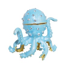 Blue Octopus Trinket Box Hinged Rhinestone Jeweled Colorful Enamel Ring Box Gift