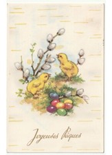 pulcini uova decorate fiori di salice cartolina augurale Pasqua Paques