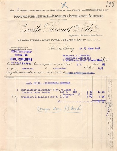 1912 facture emile puzenat a - ,