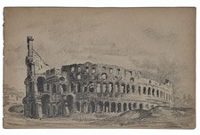 disegno antico originale Anonimo Paesaggio di Roma Colosseo dessin ancien quadro