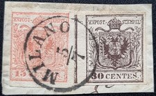 ASI Lombardo Veneto 1850 15c rosso + 30c bruno usati su frammento f.to Cardillo