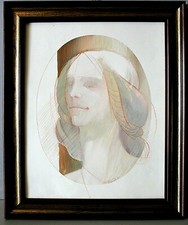  QUADRO DISEGNO SANGUIGNA  ACQUERELLO S. Marini 1983 RITRATTO FEMMINILE VINTAGE