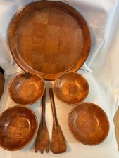 Set Insalatiera Vintage Vassoio Ciotole Utensili Legno Parquet Tessuto Cesto Tessitura MCM