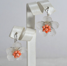 ORECCHINI IN ARGENTO 925  FIORI CRISTALLO ROCCA  25 mm CORALLO ROSA   AGHT 024RA