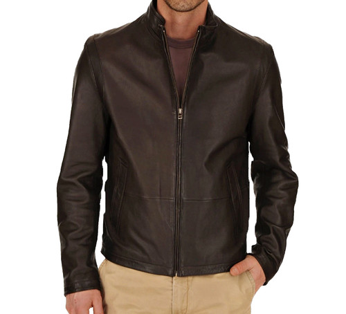 Giacca pelle uomo marrone slim