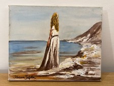 Olio su tela 30x25cm "donna e mare" firmato Silvana Iafalla (XX secolo)