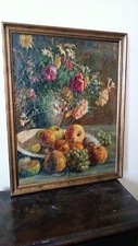 dipinto antico Dipinto ad olio su tela del XIX secolo, vaso di frutta con fiori