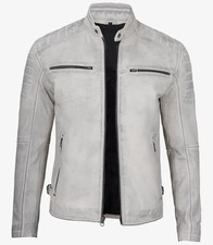 Giacca Moto Uomo Pelle, Finitura e Design Spigoloso Off-White con Cera Grigio