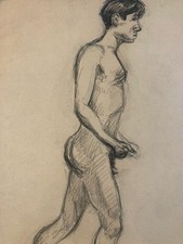 Disegno 1910 Nudo Accademico Mine Piombo Blu Arte Uomo Antico Matita Ritratto